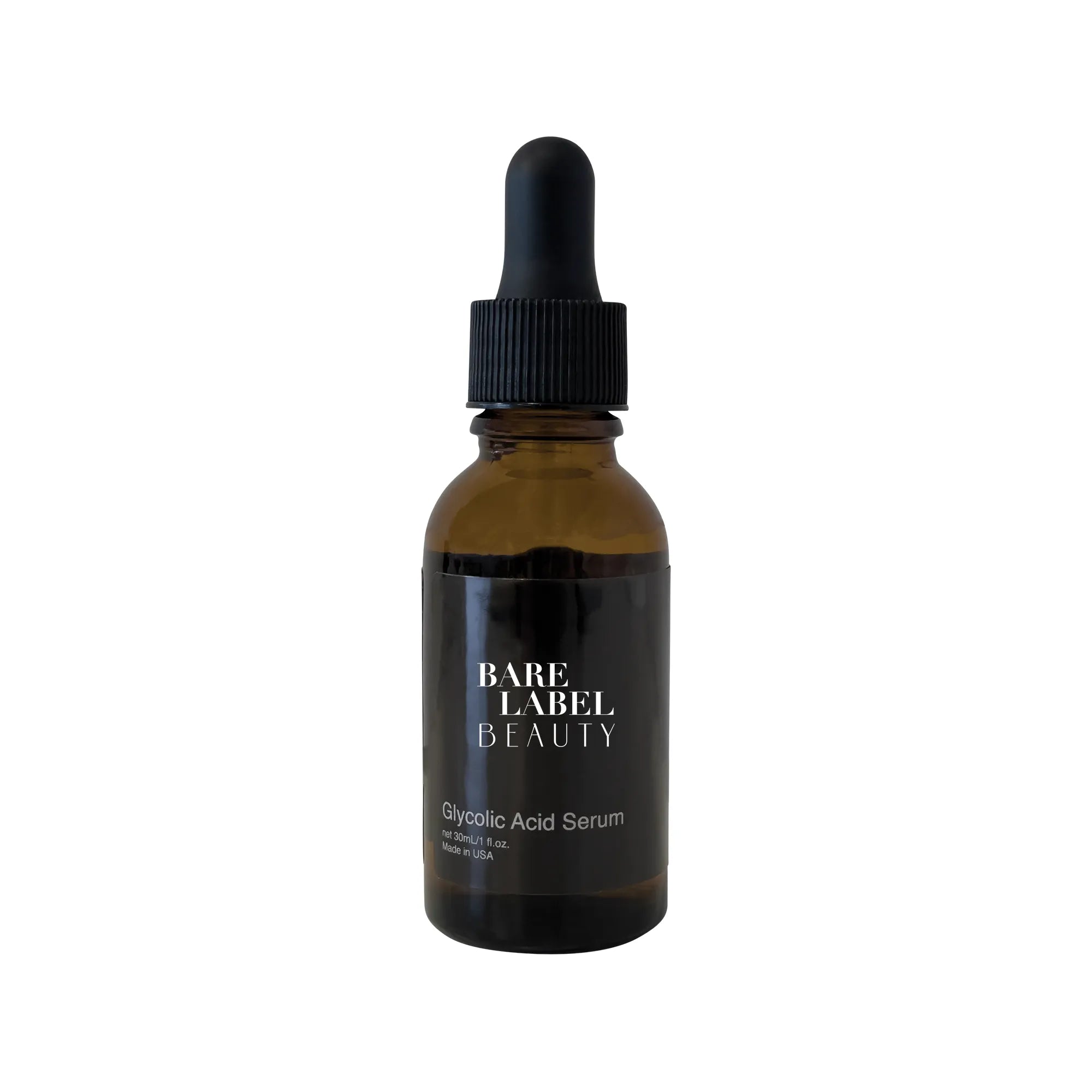 Clear glycolic acid serum in a sleek white bottle with dropper cap