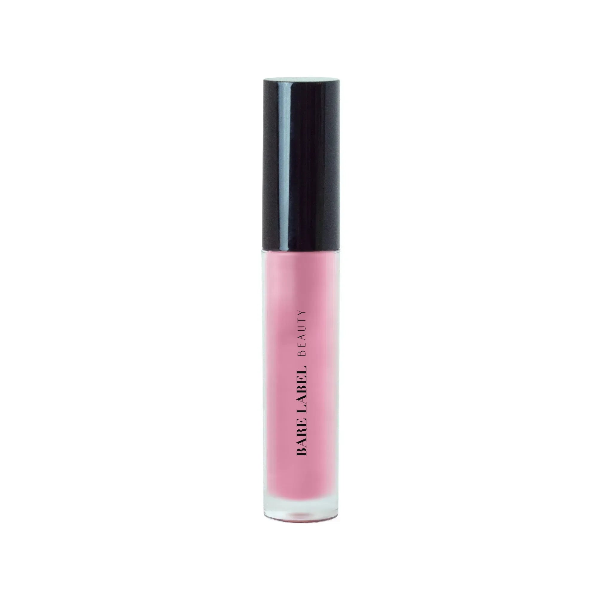 Pink liquid lip gloss with shimmery finish on lips