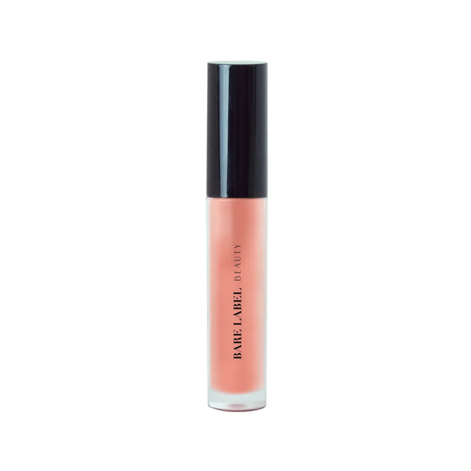 Coral liquid lip gloss with shimmery finish on lips