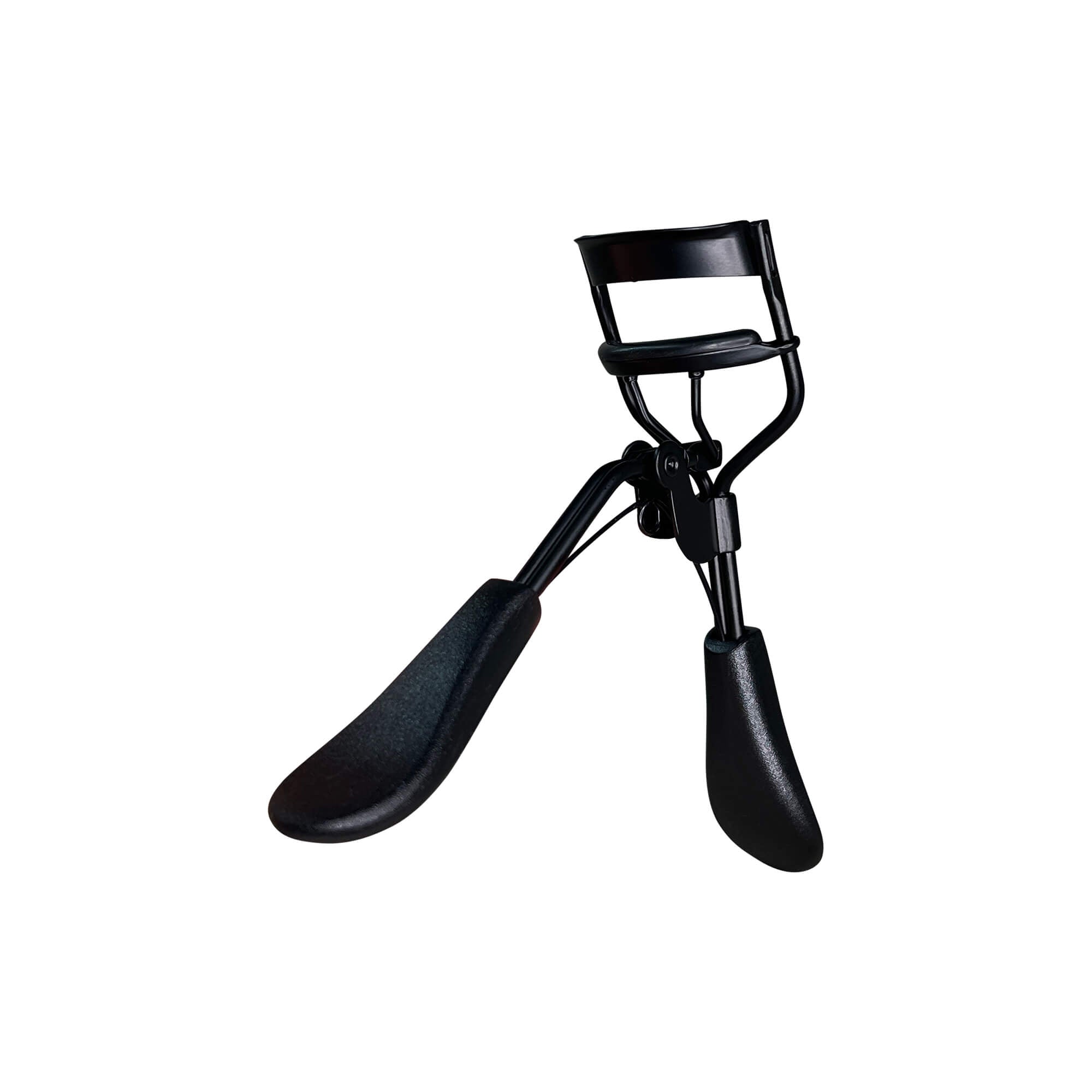 Open padded eyelash curler showcasing contoured clamp design