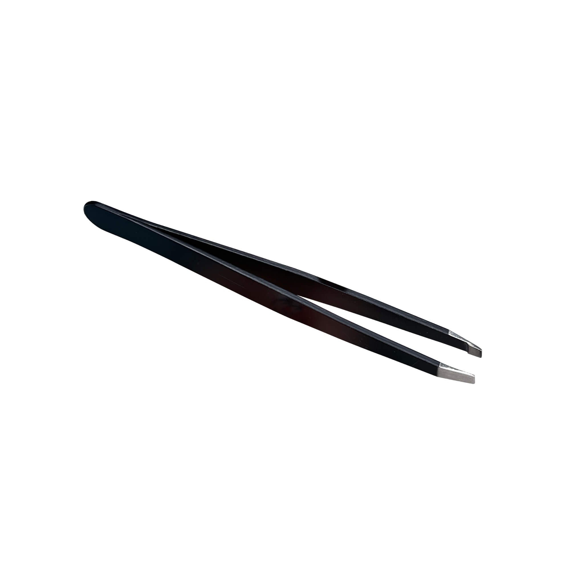 Slanted tweezers angled for precise brow hair removal
