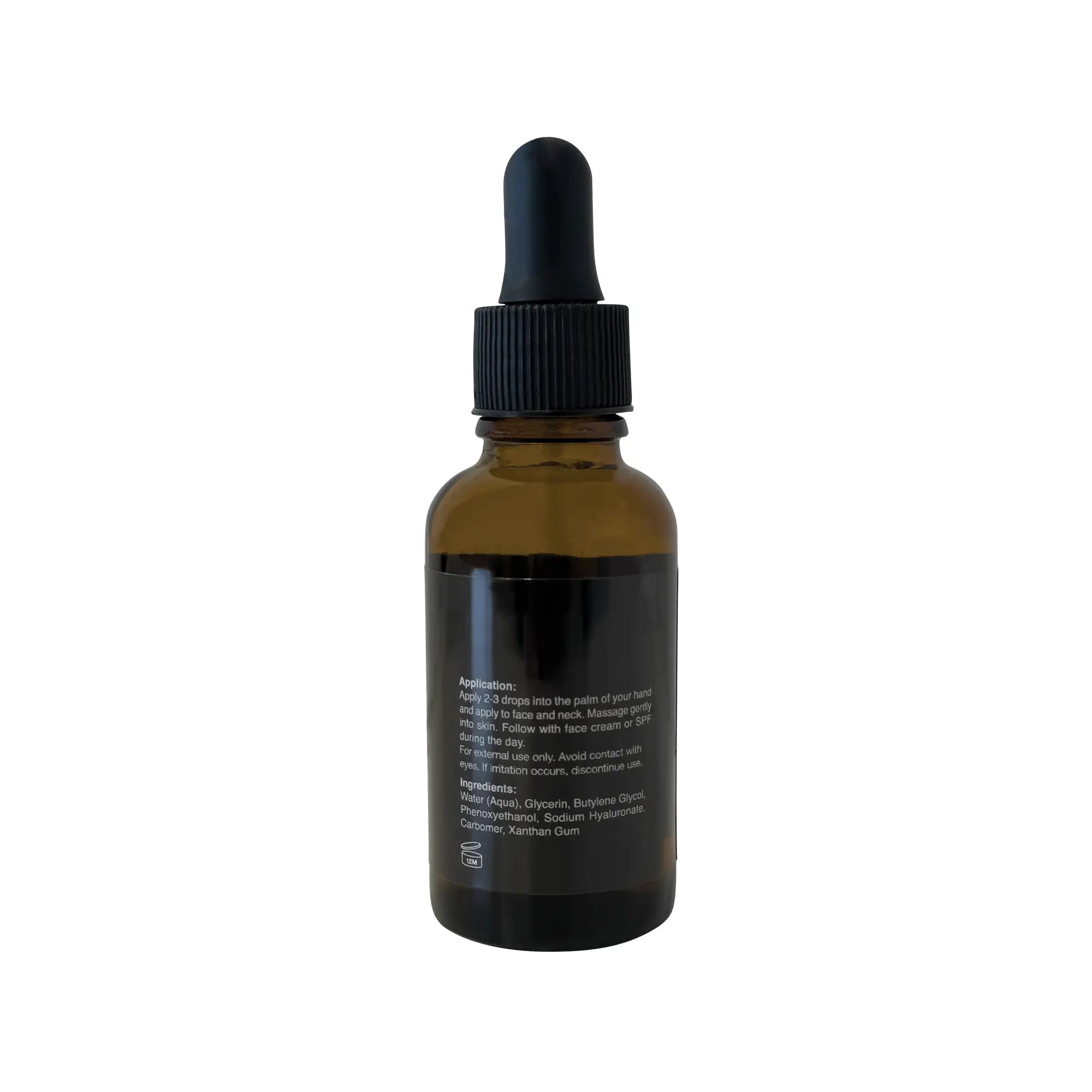 White-labeled hyaluronic acid serum bottle against white background