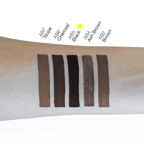 Black eyebrow pencil swatch demonstrating color application and blending on skin