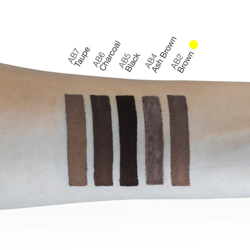 Brown eyebrow pencil swatch demonstrating natural brow color blending on skin