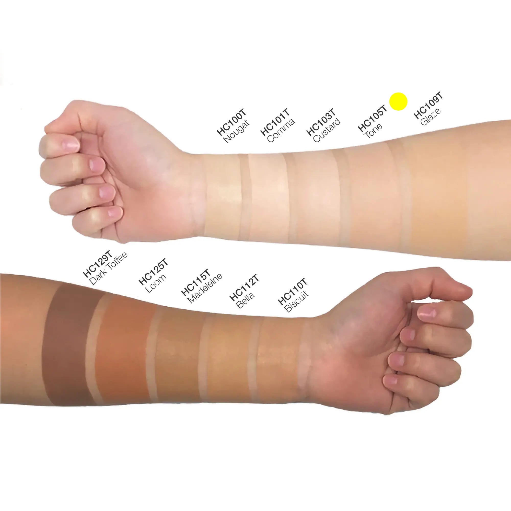Concealing cream swatch on arm showing brightening and even-toned coverage
