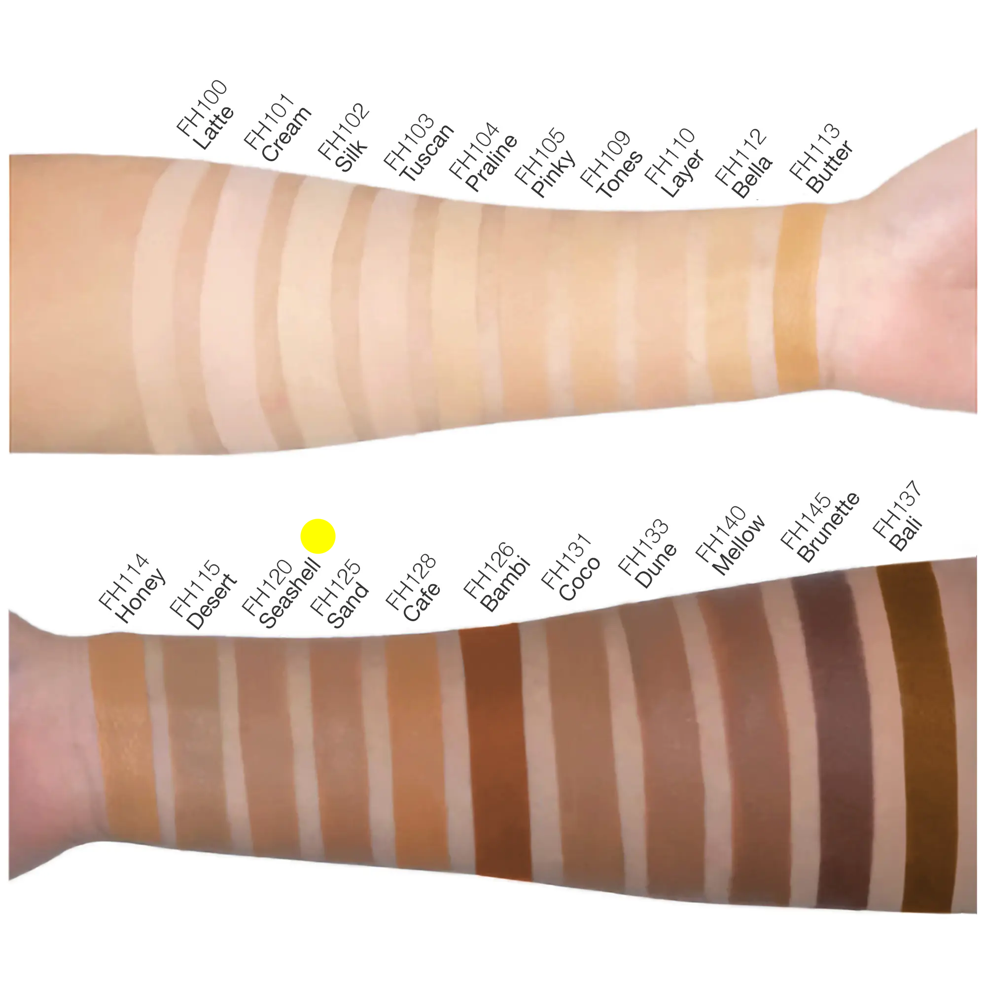 Seashell foundation swatch on arm showing even skin tone coverage