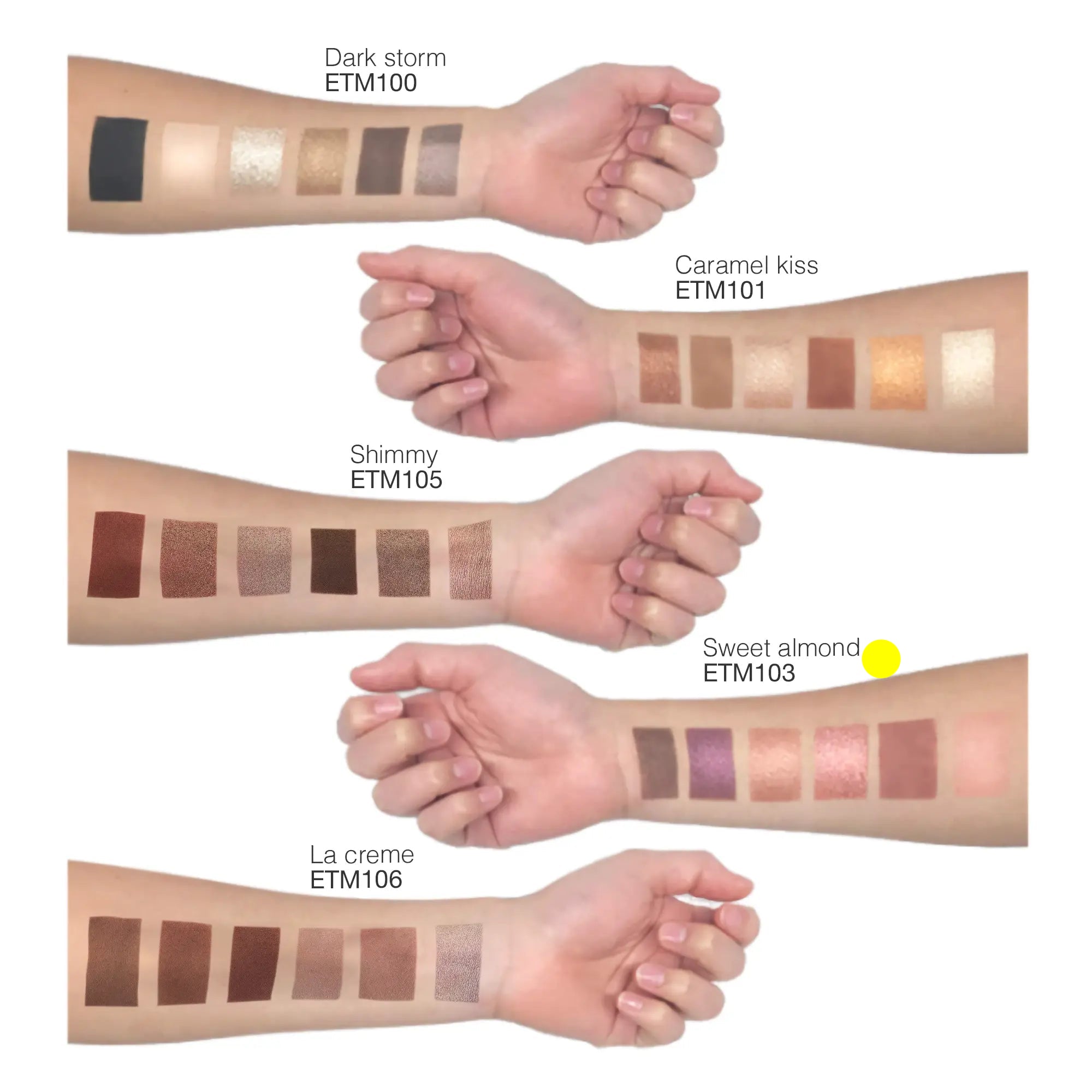 Arm swatch showing blended eyeshadow shades on skin