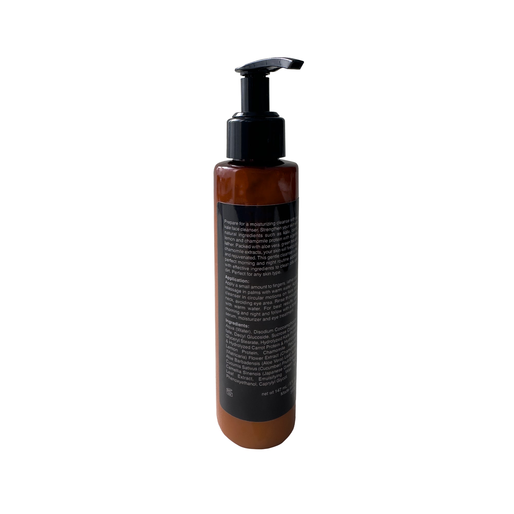 Back view of kale cleanser bottle showing pump dispenser and green label details