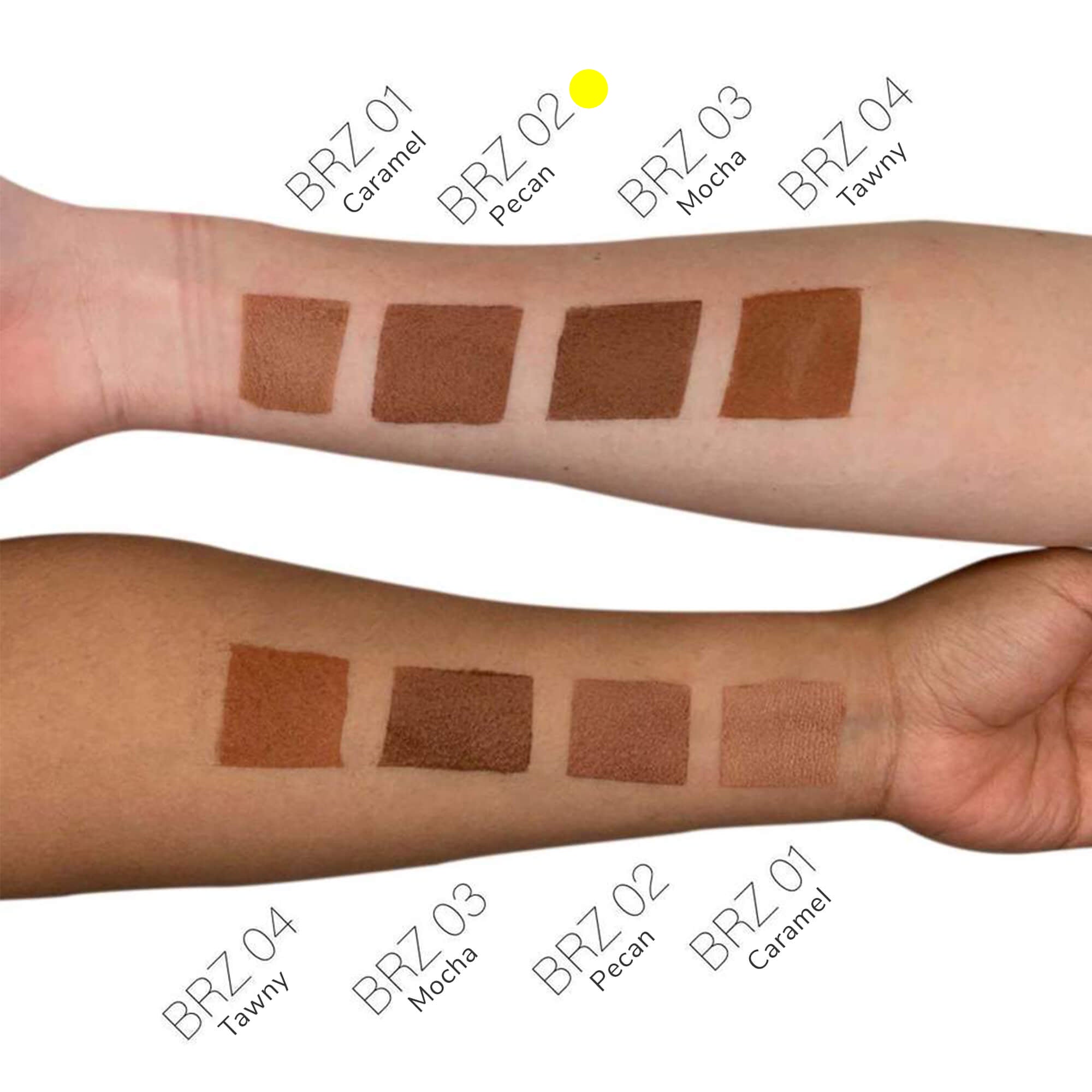 Bronzer swatch showing warm pecan shade on skin for blending