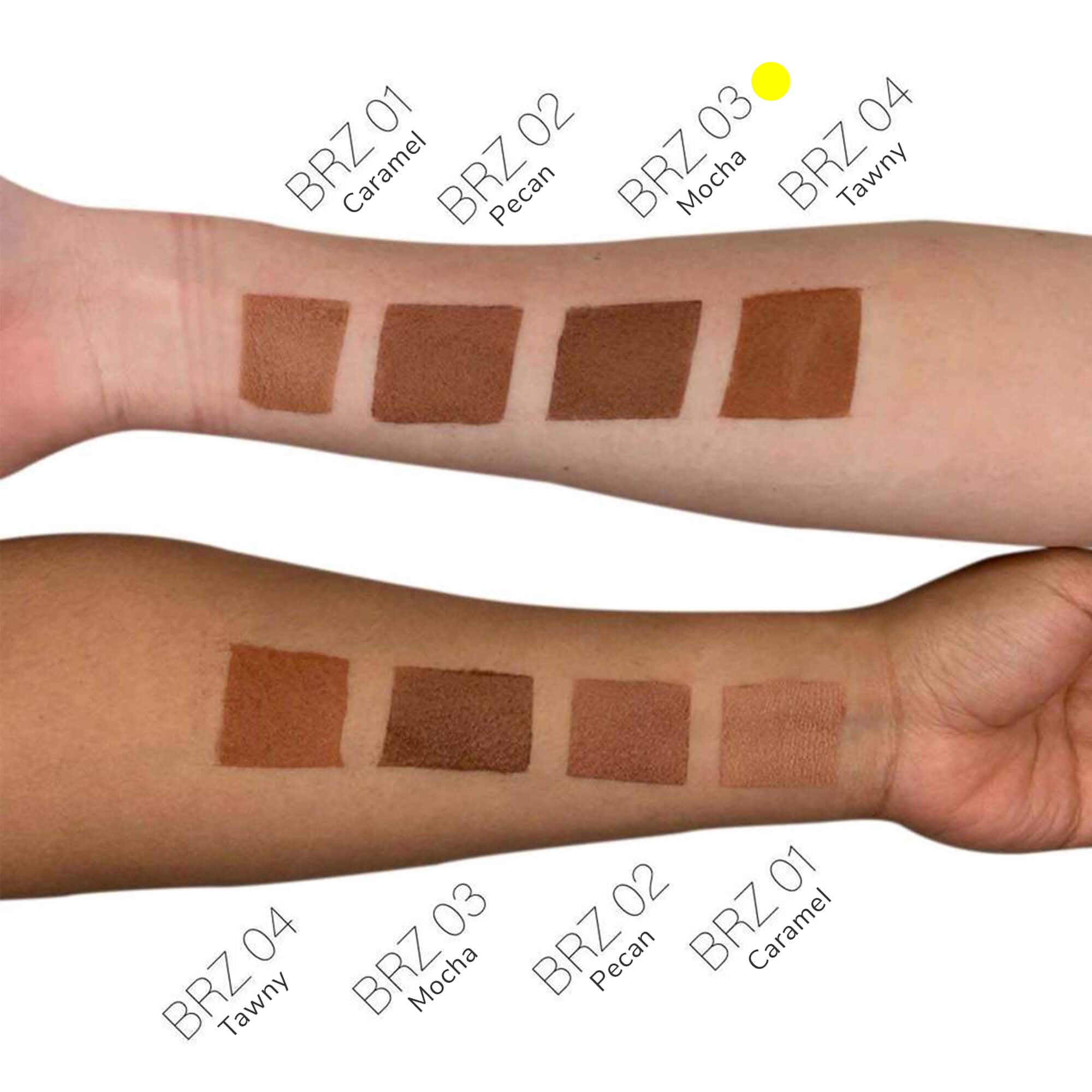 Swatch of mocha bronzer on skin showing warm red-brown blend