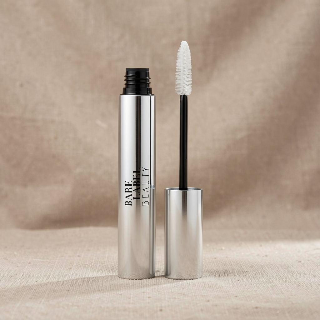Clear eyebrow gel in silver tube with white brush – flexible hold natural finish